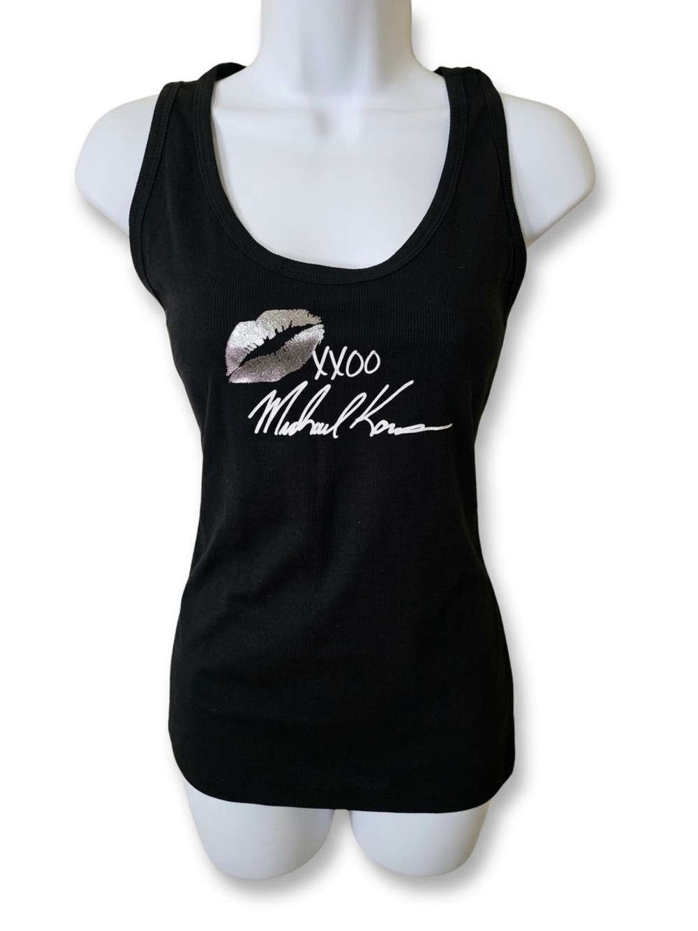 Michael Kors Black Graphic Tank Top with Silver Lip Accent